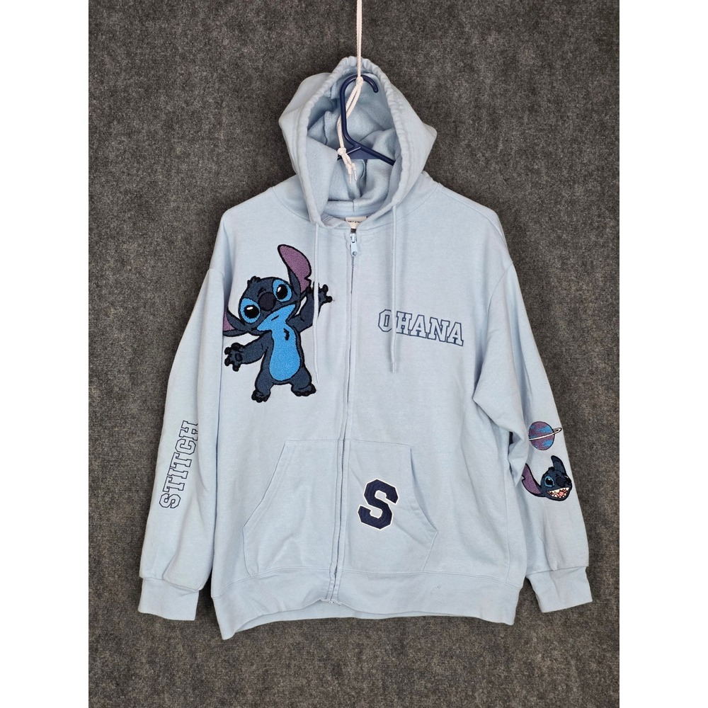 Disney Stitch Zip Up Hoodie Ohana Blue Embroidered Cartoon Womens Sz L Animation